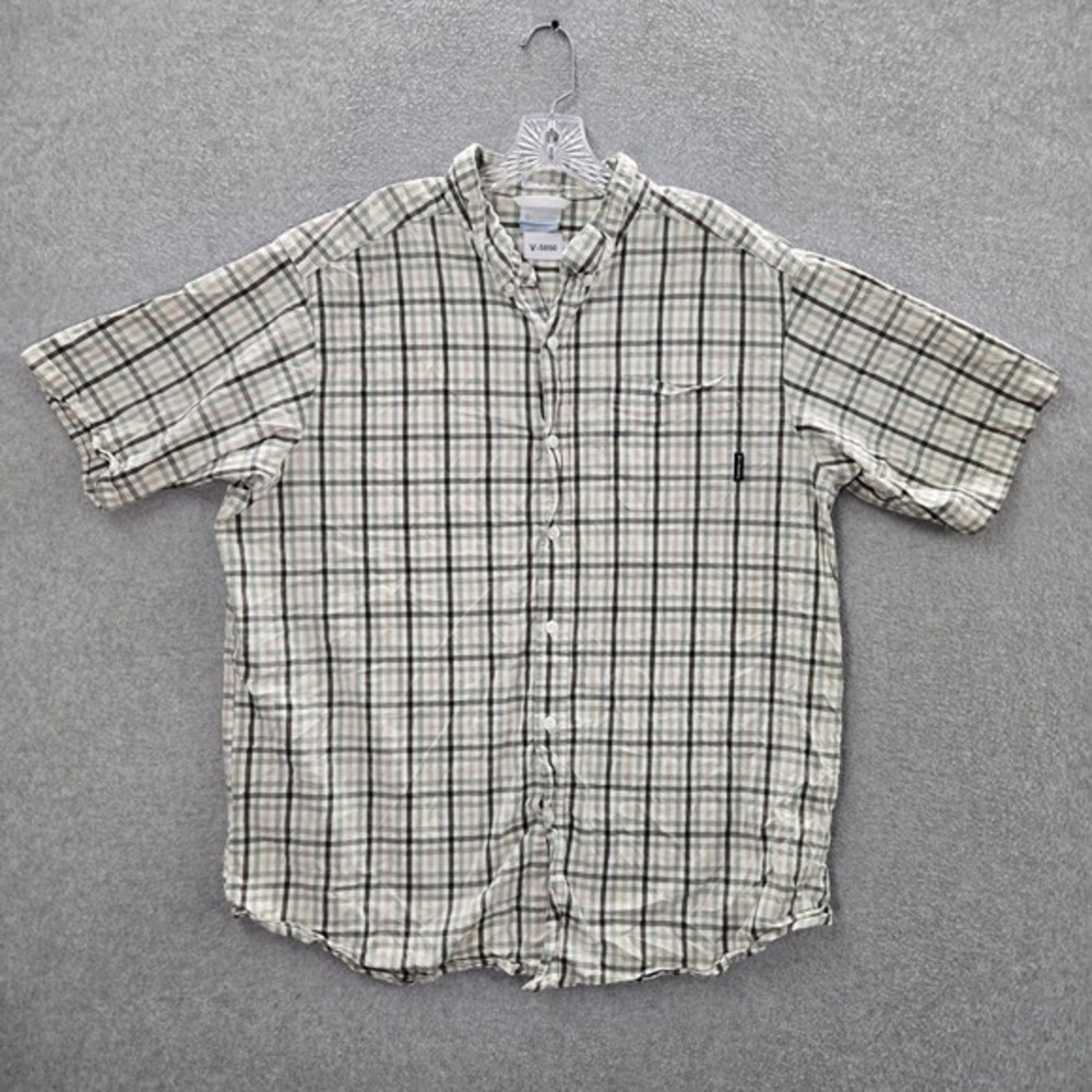 Columbia Men Button Up Shirt XLT Beige Plaid Regular Fit Pocket Short Sleeve